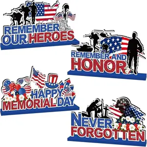 4pcs Memorial Day Decorations Table Wooden Sign Patriotic Themed Tiered Tray Decor Remember and Honor Happy Memorial Day Table Decor Supplies
