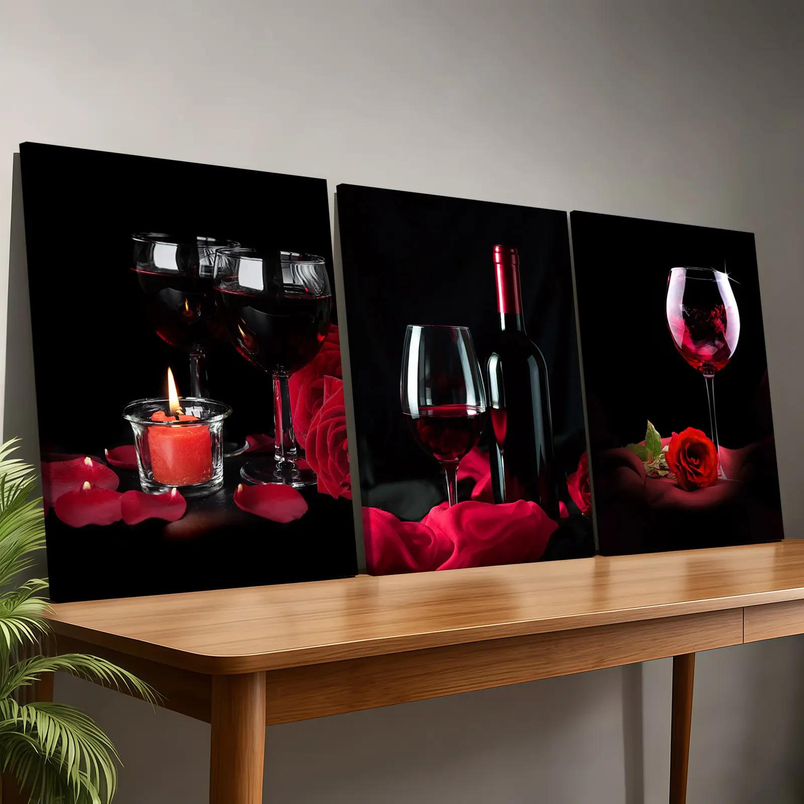 3-Piece Wood Frame Canvas, Romantic Wine Rose Triptych Poster, Art Prints, Modern Living Room Decor, Wooden Wall Art, Art Work For Wall Decor, Waterproof Art for Bedroom, Office, Hallway, Decoration