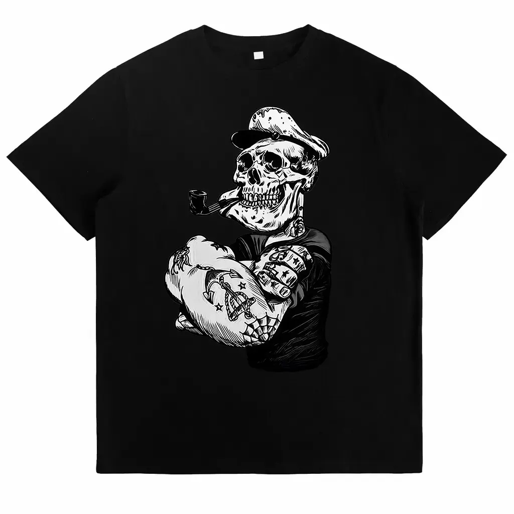 Men's Cotton Short-Sleeve Relaxed-Fit Retro Popeye Style Skull Sailor Anchor Graphic Top, Menswear Nautical Tattoo Casual Streetwear Sports Top, Shortsleeve, Apparel
