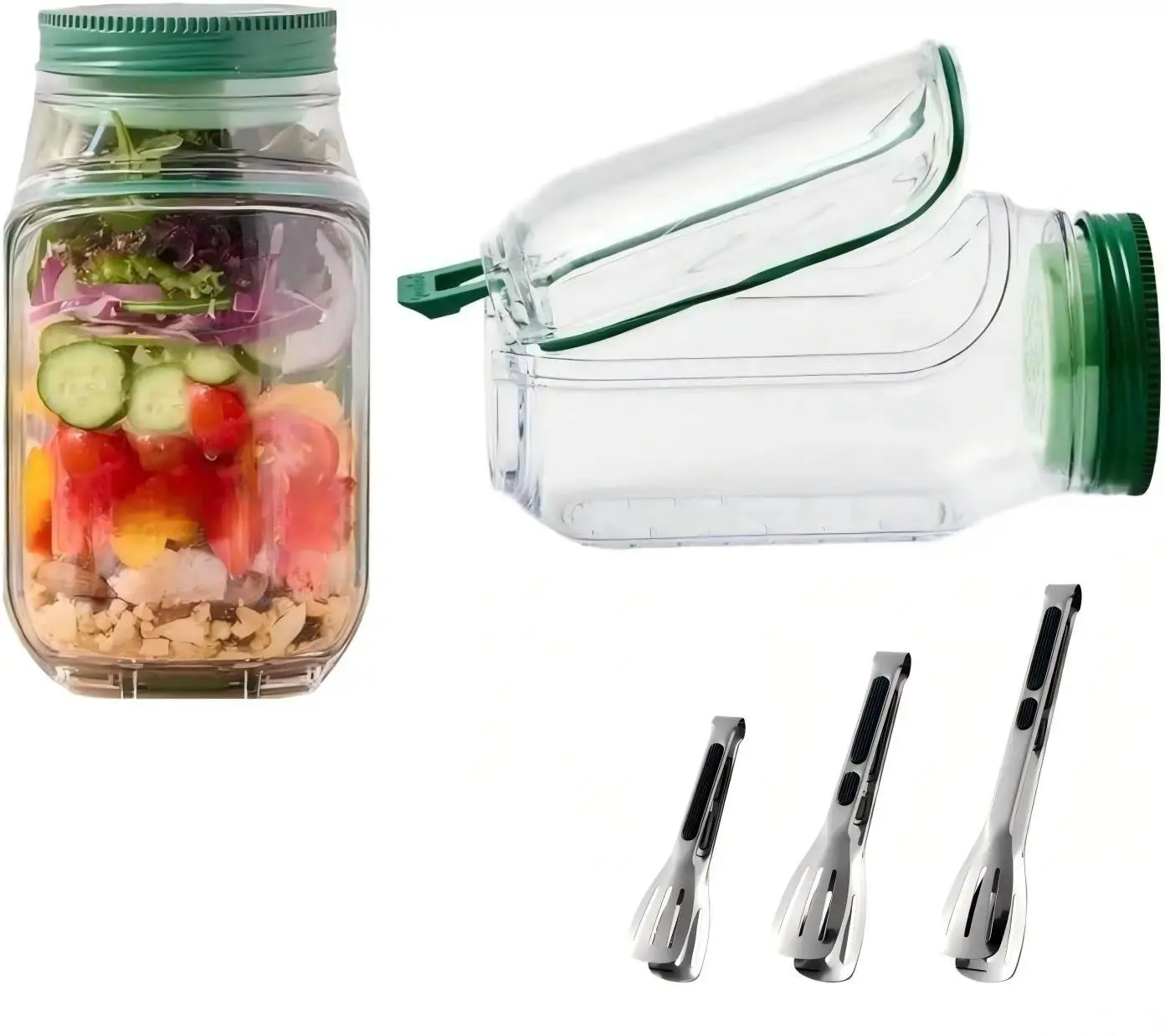 2026 New Leak-Proof Mason Jar-Style Salad Container with Side Opening – Portable for Lunch, Dishwasher Safe (Green, Set of 2) – Includes 3 Food Tongs