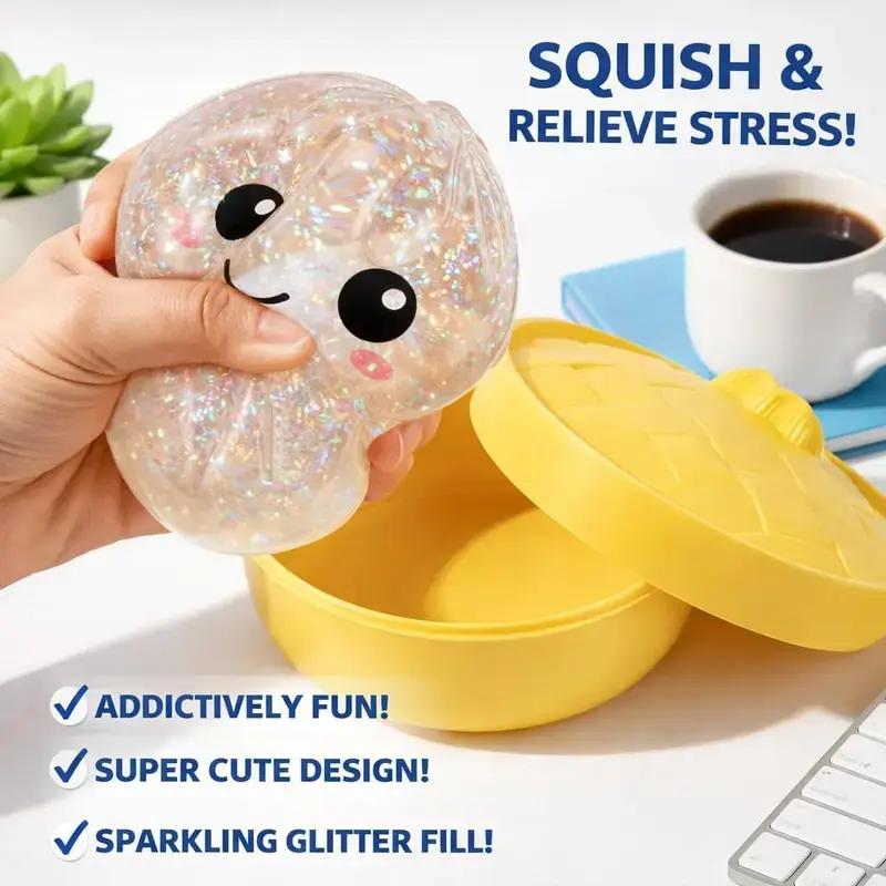 2026 New Glitter Dumpling Squishy with Steamer Box, Soft Sensory Fidget Steamed Bun Squeeze Tool for Adult Stress & Anxiety Relief