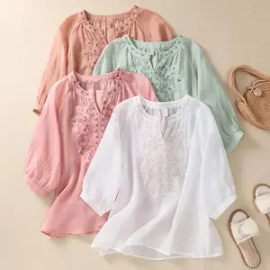 Women's Cotton Linen Floral Embroidery V-Neck 3-Quarter Sleeve Loose-Fitting Casual Solid Color Comfort Top, Mother's Blouse, Summer Women's Clothing