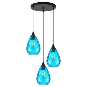 Blue 3-Light Pendant Lighting, Modern Dining Room Light Fixture Over Table with Hammered Glass Cluster Hanging Lights for Kitchen Island Dining Room