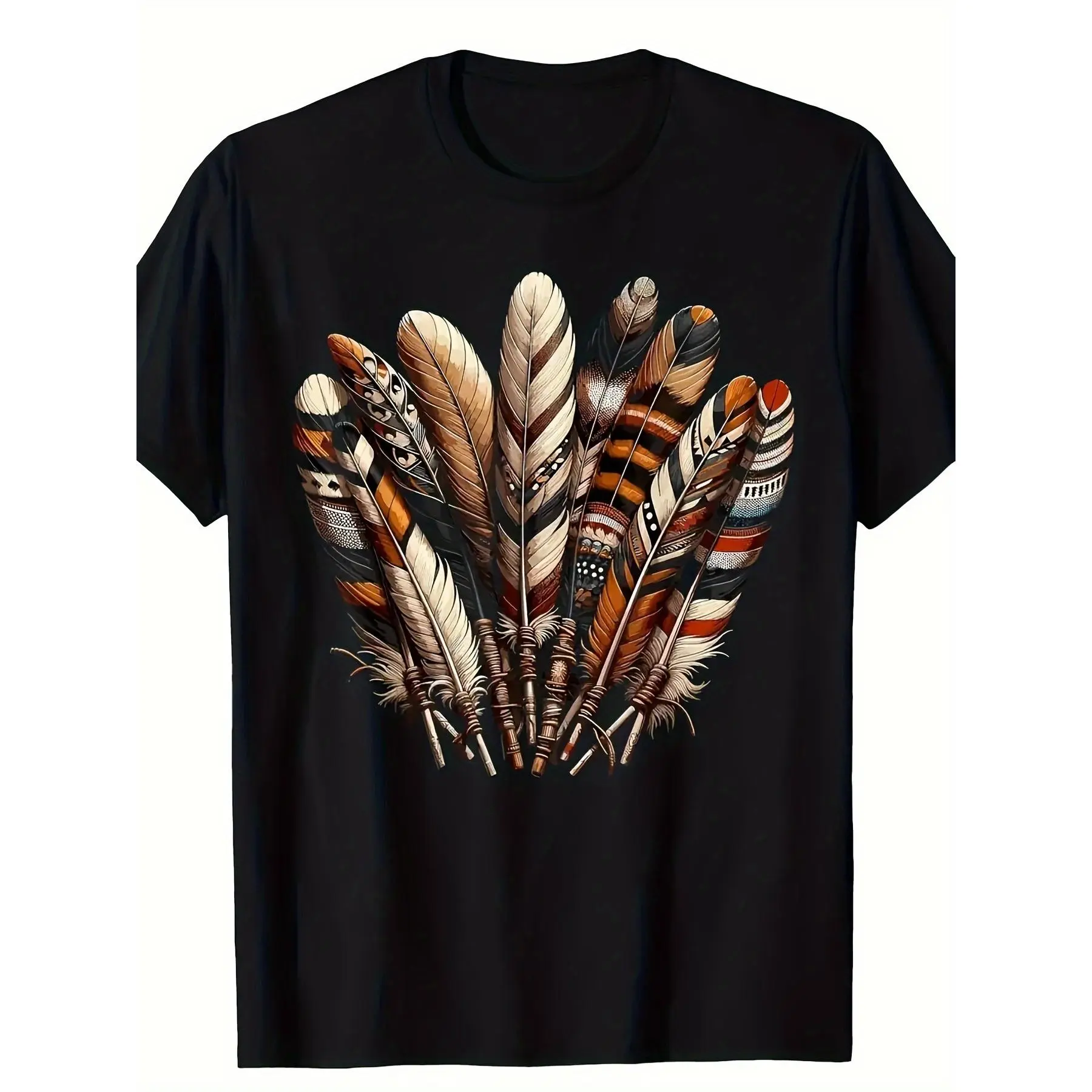 Cotton Short Sleeve  T-Shirt Southwest Native American Indian Feather T-Shirt - 180g Streetwear Casual Graphic tees