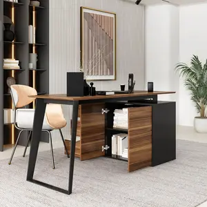 FUFU&GAGA Reversible Office Desk with 3 Drawers Cabinet, Executive Computer Desk Writing Table with Pop Out Doors & Adjustable Shelves, Metal Legs Workstation for Home Office, Wood Texture (Type H)
