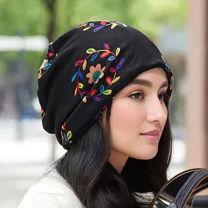 Breathable Vintage Flower Printed Slouchy Beanie, Boho Turban Warm Chemo Cap for Women, Comfortable and Stylish Headwear