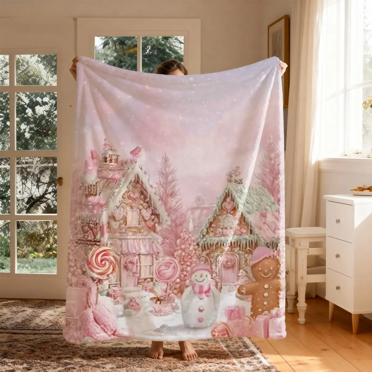 Christmas Gingerbread House Flannel Blanket, Large Size, Soft Lightweight Warm, Perfect for Bed Sofa Office Camping Travel Gift
