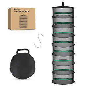 Yesker 8-Layer Hangable Steel Herb Drying Rack, 24" Diameter Foldable Mesh Net with Green Zipper & Hook, Waterproof Dryer with Accessories for Herbs, Seed Buds, Grow Tent Use