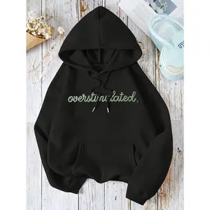 Women's Overstimulated embroidered print Graphic Hoodie Durable Print, Everyday Comfort, Machine Washable, casual sporty rustic wooden table