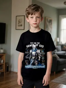 Black Background God's Armor Religious Theme Trendy Printed T-shirt, Graphic Printed Tee, 100% polyester, fashionable and casual children's clothing, suitable for boys' daily outings and outdoor sports, a perfect gift for boys