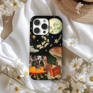 Aesthetic Myself Brave Case, Vintage Moon Cat Collage Phone Case, Whimsical Night Sky Aesthetic Case