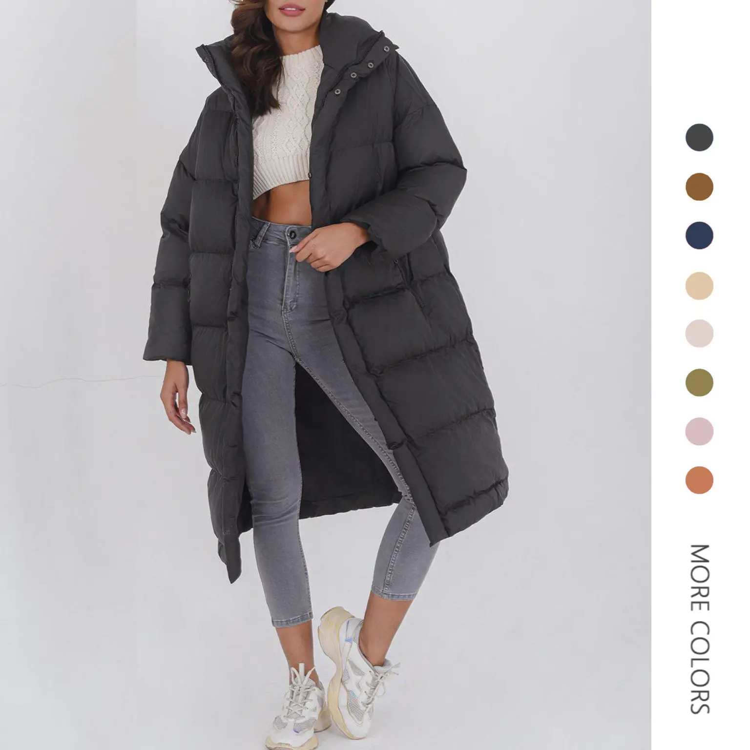 Danedvi Women's Long Down Coat - Collared Neck, Long Sleeves, Drop Shoulders, Zip-Up, Baggy Basic Outerwear with Side Pockets for Casual Wear, XL