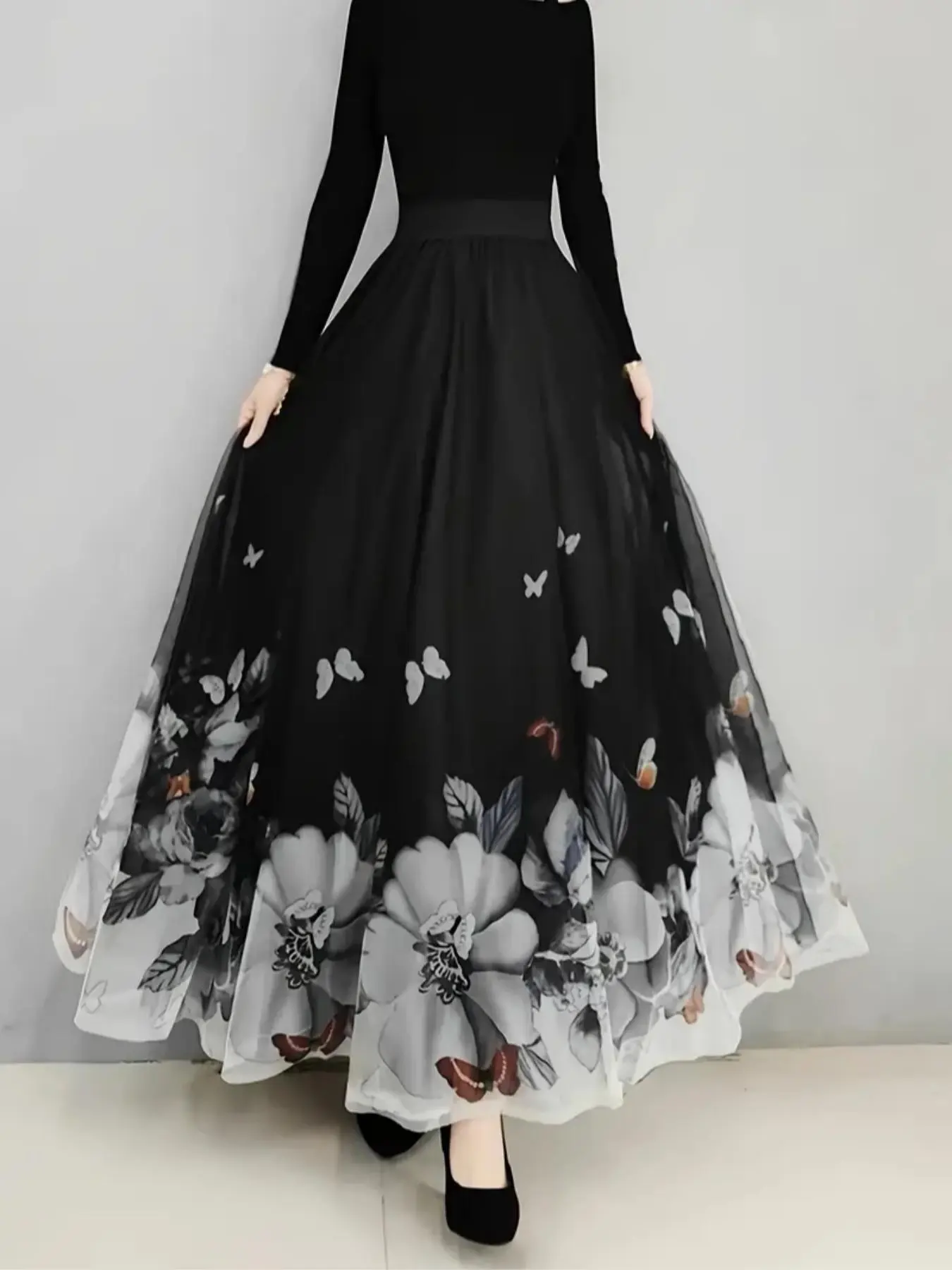 Plus Size Butterfly & Floral Print Tape Waist Boho Hippie Skirt, Boho Casual Skirt, Elegant Contrast Mesh A Line Skirt for Wedding Guest, Women's Plus Size Bottoms for All Seasons