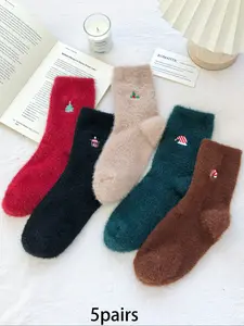 5 Pairs Retro Solid Color Plush Middle Socks Christmas Embroidered Warm Socks Suitable for Daily Casual Wear