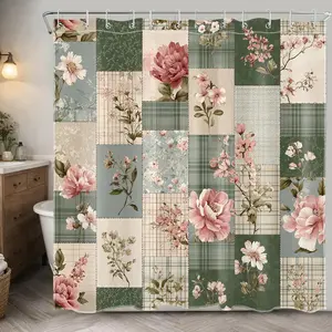 Boho Patchwork Floral Shower Curtain for Bathroom Pink and Green Flower Vintage Plaid Farmhouse Rustic Country Bathroom Decor Curtains with Hooks