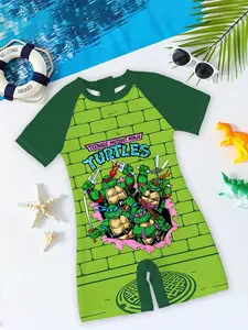 Boys' One-Piece Swimsuit "Teenage Mutant Ninja Turtles Hero Sunscreen Edition" with Teenage Mutant Ninja Turtles Retro Cartoon Prints + Contrasting Raglan Sleeves, Suitable for Playing in the Pool, at the Beach, or in Water Parks