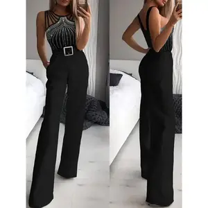 [1pc Elegant Black Jumpsuit Chic] 1pc Elegant Black Jumpsuit for Women, Sleeveless Rhinestone Embellished, Crew Neck, Polyester Knit Fabric, 97% Polyester 3% Elastane, Versatile Solid Color Design, All-Season Chic Style Overalls Womenswear