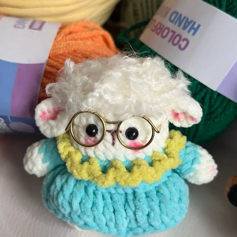 Fuzzy crochet sheep with glasses⁠ - Blue - Handcrafted Cute Amigurumi