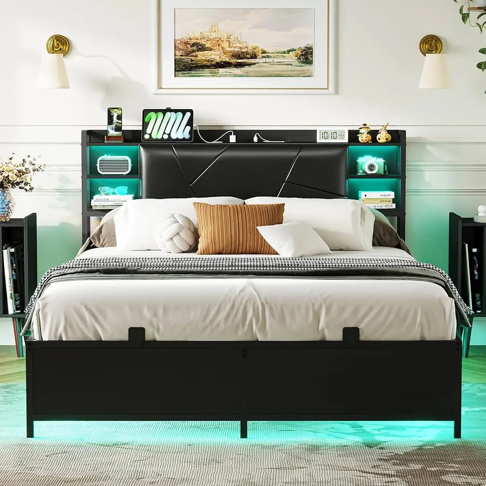 Full/Queen/King Size Bed Frame Upholstered Headboard & Power Outlets Metal Slat