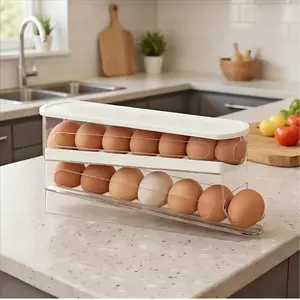 Automatic Rolling Egg Dispenser Organizer for Refrigerator, 2-Tier Space-Saving Egg Holder Tray, Holds 10-12 Eggs, Durable Plastic Egg Storage Rack for Fridge, Counter, Kitchen Cabinet slide egg storage box