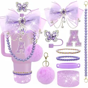 Etter Stickers Bling Accessories Set for Stanley 40/30/20 oz Tumbler: Bow Straw Topper, Charms, Butterfly Cap, Pearl Strap, Silicone Boot, Accessories for Stanley Quencher H2.0