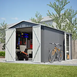 8x12 FT Heavy-Duty Metal Storage Shed with Floor Frame, Grey Outdoor Garden Shed with Additional Side Door & Lockable Main Doors, Aluminum Frame Construction – Available in 1-Door or 2-Door Versions