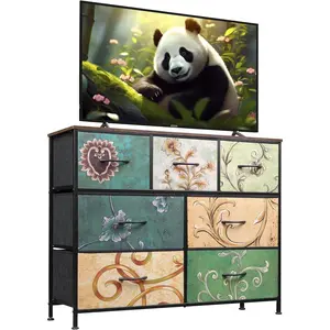 7 Drawer Dresser TV Stand, Entertainment Center, Media Console Table with Metal Frame and  Top for TV up to 45 inch, Chest of Drawers for Bedroom, Living Room, Floral Painted