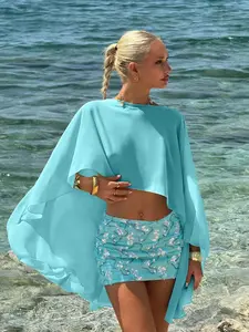 Women's Turquoise Chiffon Cape Top with Sequin Mini Skirt Set | Elegant Beachwear | Aqua Blue Two-Piece Beach Set | Sheer Cape Sleeve Short Top + Sparkling Sequin Skirt | Vacation Outfit for Female Fashion Enthusiasts in Summer Womenswear