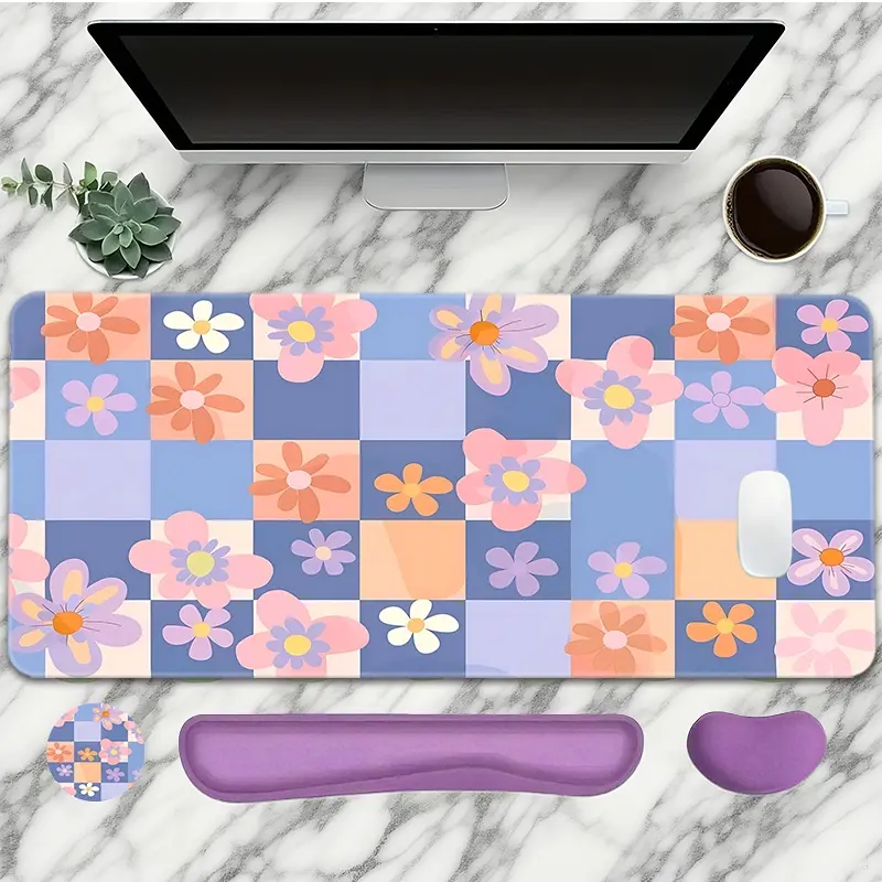 Plaid Flower Pattern Mouse Pad With Wrist Rest Set 4PC Blue Large Gaming Mouse Pads Cute Style Mouse Pad For Desk XXL Non-Slip Rubber Base Desk Pad Keyboard Mat For Office Home Desktop Protector Decor Mousepad Desk Mat Mousepads Aesthetic Ideal For Women