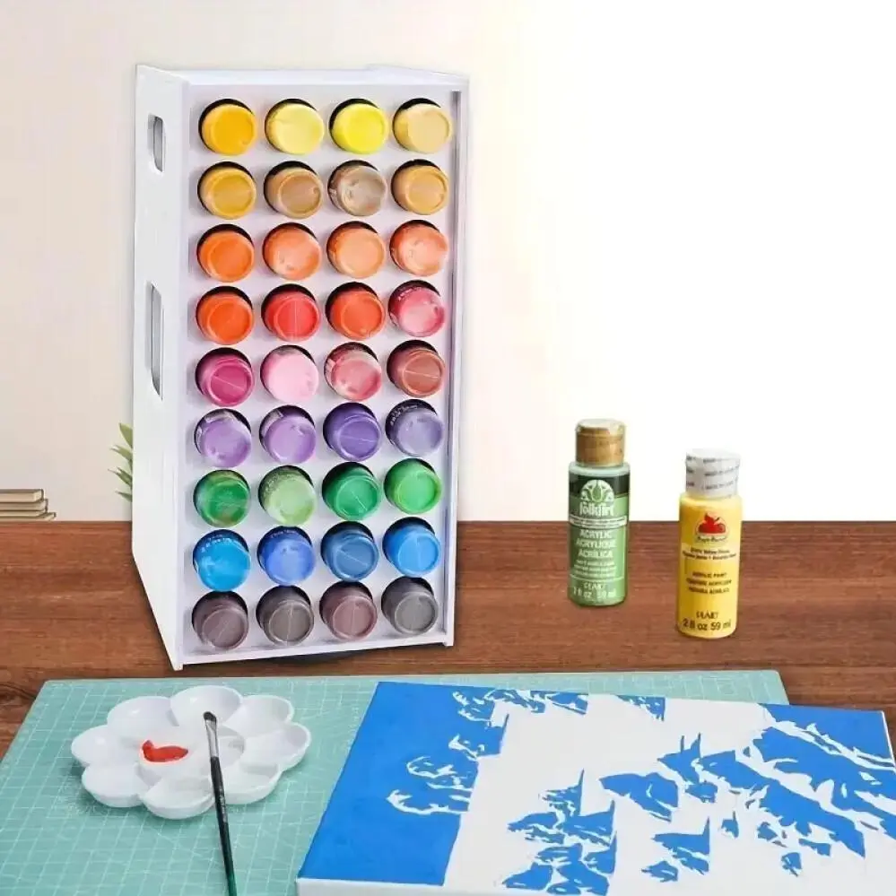 72-Slot Rotating Paint Rack with 360-Degree Spin - Wall-Mountable Space-Saving PVC Paint Suitable for 2-Ounce Bottles, Portable Rotating Panel for Artists, Paint Shrinks & Expands in Base (Ideal for Craft Rooms)
