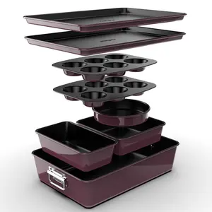 8-Piece Nonstick Bakeware Set – Purple | Space-Saving Stackable Pans for Cake, Muffin, Loaf & Cookie Baking – Dishwasher Safe & Stain-Resistant - Professional Kitchen Baking Accessory