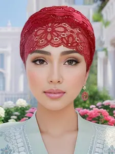 1pc Shimmery Polyester Lace Splicing Solid Color Headscarf For Women, Hijab Turban, Head Wrap, Elegant, Exquisite, Breathable, Covers Hair, Suitable For Daily Commute, Gathering, Outing, All Season Valentines Hair Sleep Cap Sleep Bonnet