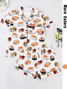 Women's All Over Cartoon Cat Print Short Sleeve Pajama Two-Piece Set, Regular Fit Casual Comfy Shortsleeve Button Front Chest Pocket Design Lapel Neck Top & Elastic Waist Shorts PJ Set, Ladies Sleepwear for All Seasons