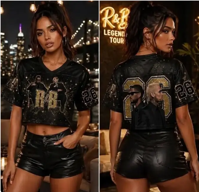 Women Retro R&B Music Fan Concert Jersey V Neck Gold Sparkle Cropped Football Tee Hip Hop Streetwear Team Breezy Oversized Mesh Crop Top Shirt