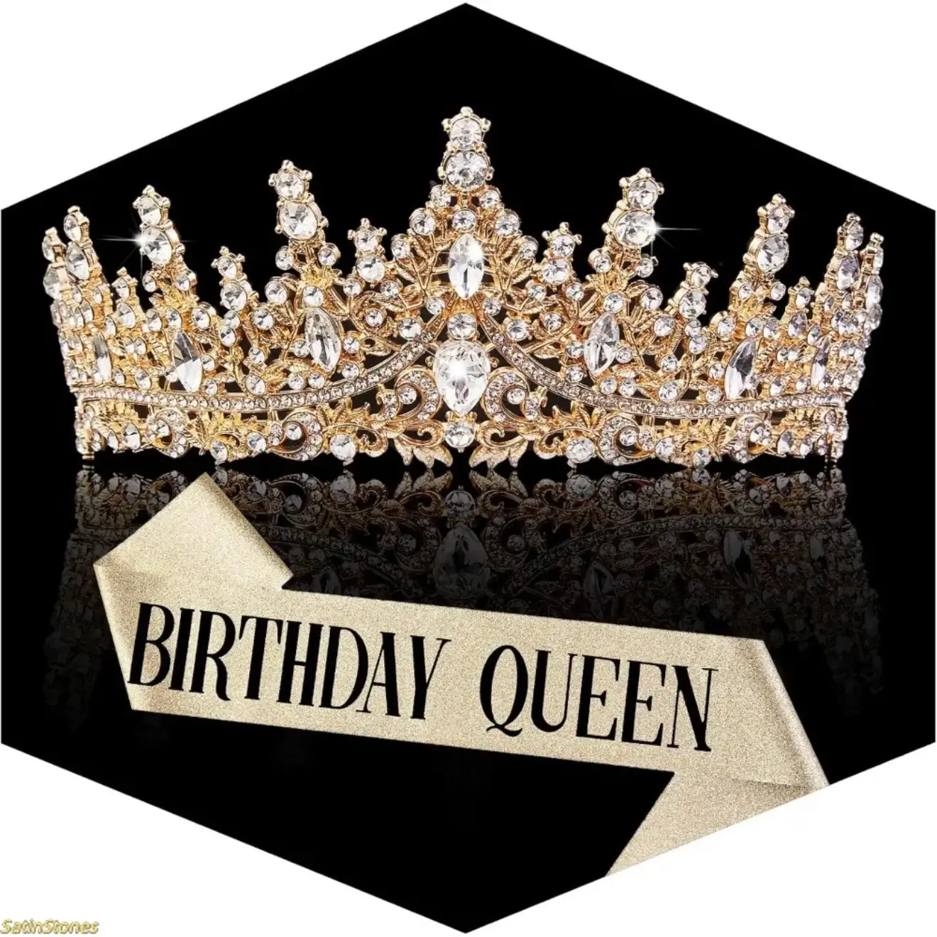 Women's Gold Tiara and Sash Set with 'BIRTHDAY QUEEN' Print, Radiant Rhinestone Headpiece for Birthday Party Outfits, Secure Fit, Gold Headpiece, Female, Letters, One Size Fits Most