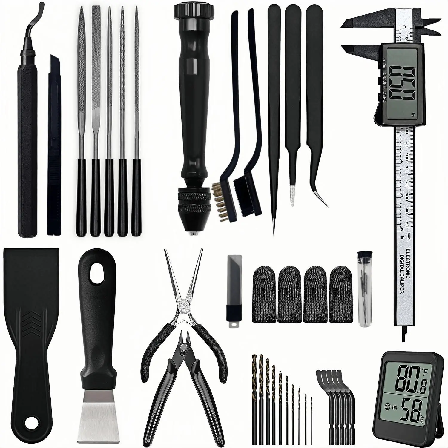 56Pcs All-in-1 3D Printer Finishing & Measuring Tool Kit for Bambu Lab, Ender3 - Stainless Steel Digital Caliper, Carbon Steel Wire Cutters, Deburring Tool with 5 Extra Blades, Mini Needle File Set, Tweezers, Hand Drill with 10 Bits for DIY Makers