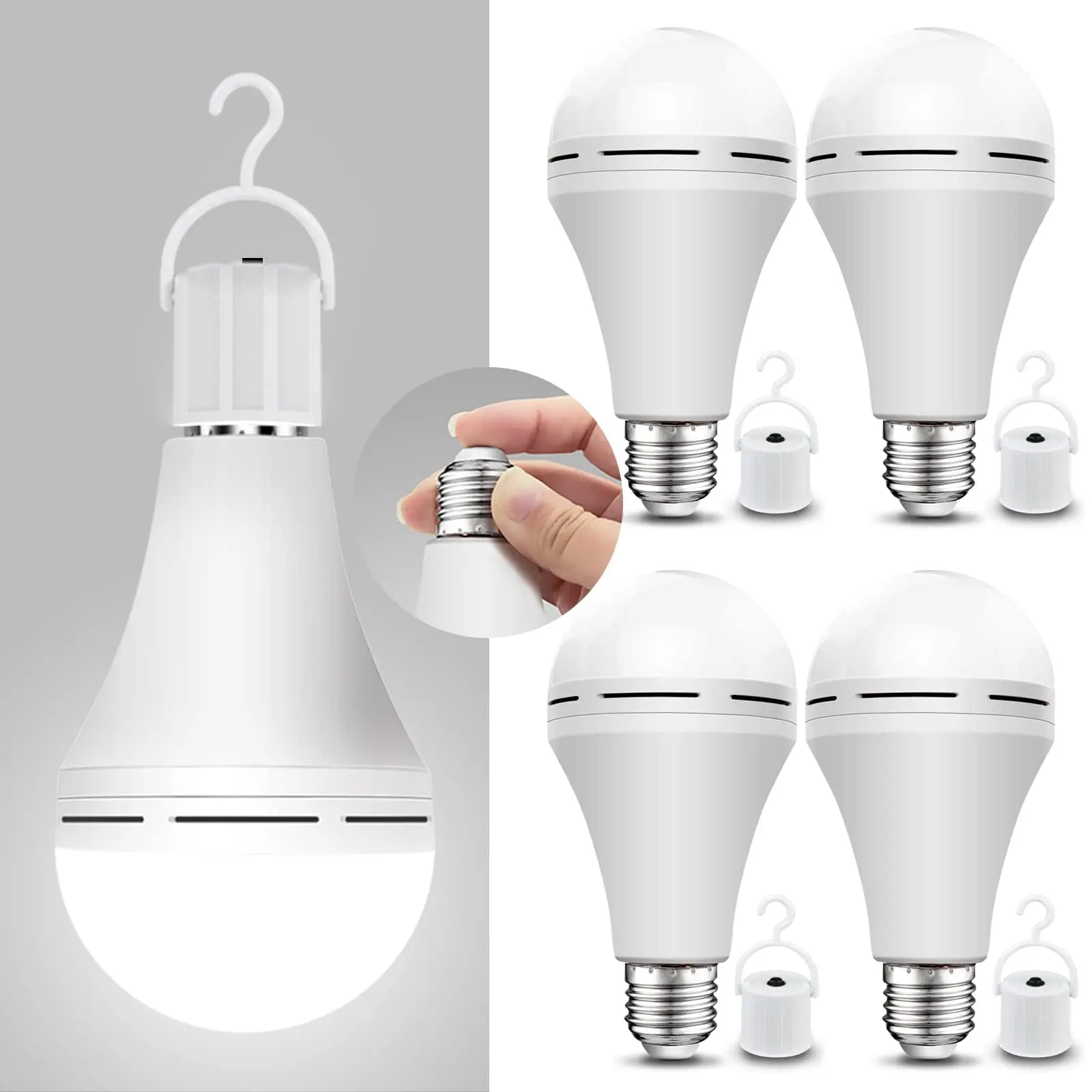 4-Pack Rechargeable Emergency LED Light Bulbs, 1500mAh Power Outage Backup Lights, 15W 80W Equivalent E27 Self-Charging Daylight Bulbs with Hooks for Home, Camping & Tent