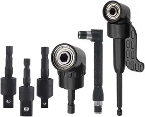 Right-Angle Drill Bit Accessory Set (6 pcs), including 3 x 360° rotatable impact-grade socket adapters for 1/4", 3/8", and 1/2", 2 x 105° hex shank angle adapters, and a 90° right-angle drill bit; heavy-duty tool kit