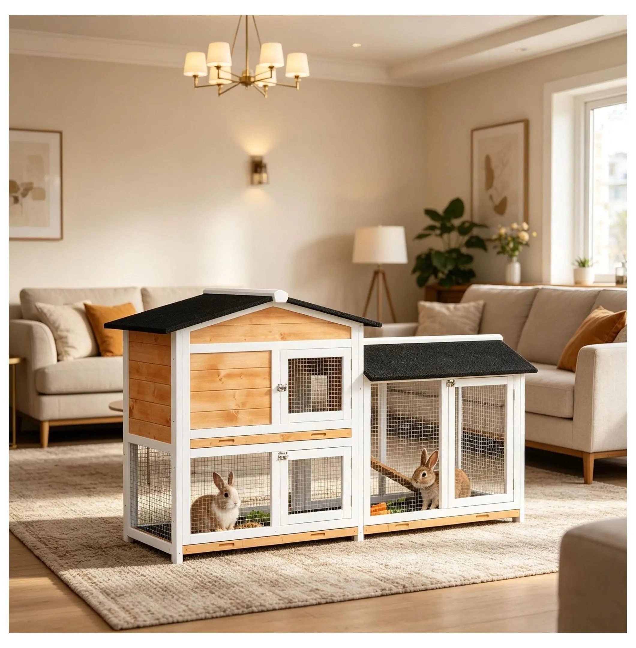 62" Fir Wood Rabbit Hutch with Run - Lockable Doors, Asphalt Roof, Removable Tray for Easy Cleaning, Ventilation - Indoor/Outdoor Small Animal Pet Enclosure