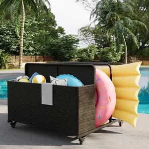 Pool Float Storage Organizer with Wheels – Rolling Pool Caddy & Outdoor Toy Storage Basket, All-Weather PE Rattan, 2 Large Compartments, Easy Roll Design for Poolside Patio Deck Backyard
