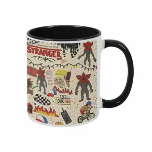 "Retro 80s Sci-Fi Monster and Mystery Town Doodle Pattern" — 11oz/15oz Ceramic Mug Durable Coffee Cup Vibrant Colors Microwave Safe Home Kitchen Office Party Perfect Gift Birthday Present Novelty Drinkware Anniversary Gift