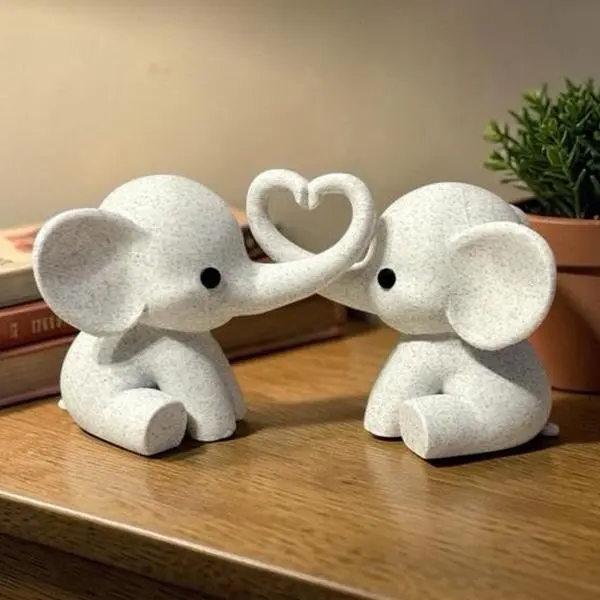 3D Printed PLA Elephant Couple with Heart Statue (7.5" W x 4" H x 3.5" D) - Marble 3D Printable Animal Shape Dimensional Elephant Statue, Cute Collectible, Home Decor Shelf Accessory, Couple Wedding Gift (Love, Unity, Good Luck Symbol), 3D Printable Statu