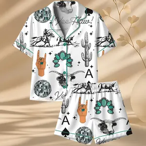 Cute Western Things Sublimation Cowgirl Spade Rodeo Satin Pajama Sets for Women, Western Print, Short Sleeve Top & Shorts, Comfortable Summer Sleepwear Set, Loungewear Pajama, Relaxing Sleeping Clothes, Soft Satin PJ