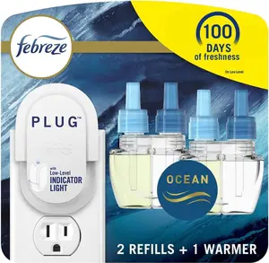 Febreze Plug Odor-Fighting Scented Oil Starter Kit Ocean Scent 2 Refills & 1 Warmer Long Lasting Freshness for Home Bathroom Kitchen USA