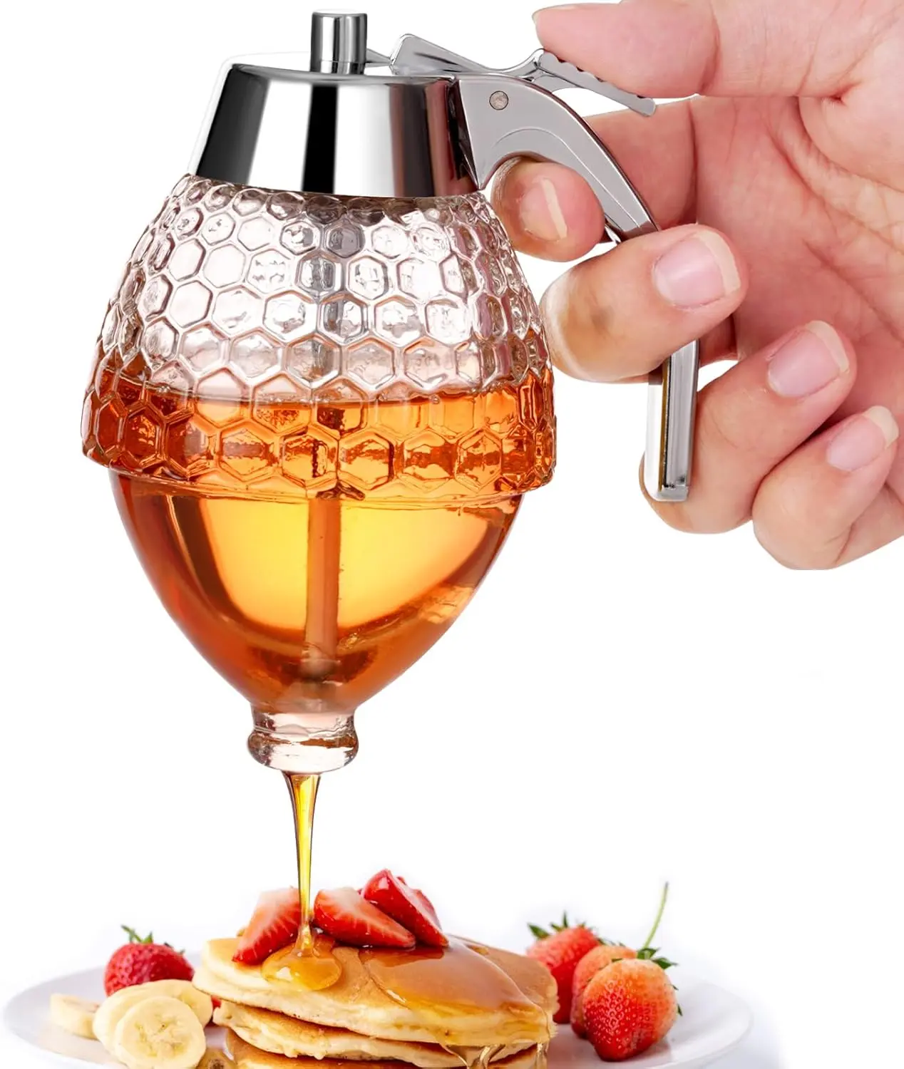 Honey Dispenser, No Drip with Stand, Maple Syrup Honey Container, Elegant Honeycomb Design for Home Decor for Any Occasion