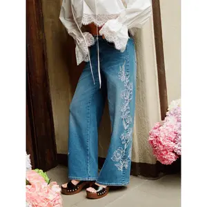 Cider Denim Floral Embroidery Low Rise Straight Leg Jeans