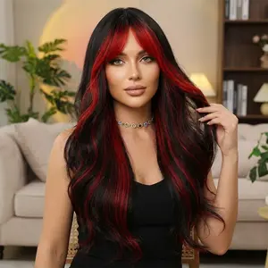26 Inch Black & Red Wavy Wig with Bangs
