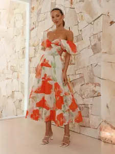 Women's Floral Print Bubble Sleeve Boho Dress, Elegant Fashion Casual  Dress for Daily Outdoor Wear, Women Dress for Summer