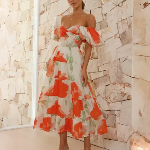 Women's Boho Floral Print Bubble Sleeve Dress, Casual Chic Sundress for Daily Outdoor Wear, Loose Summer Dress, Floral Prints Dress