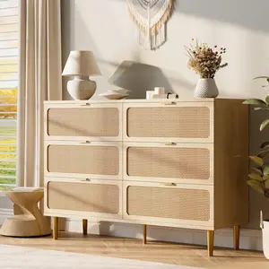 Rattan 6 Drawer Dresser for Bedroom with Wide Top, Large Double Dresser for Closet with Deep Drawers, Wooden Chest of Drawer for Living Room, Entryway, Hallway, Kids Room
